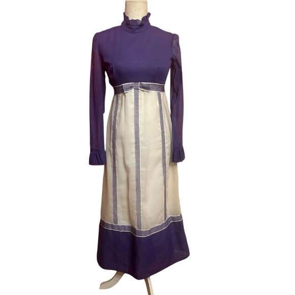 Vintage 70s Handmade Cottagecore Bohemian Purple and Cream Prairie Dress Sz S - Picture 7 of 9